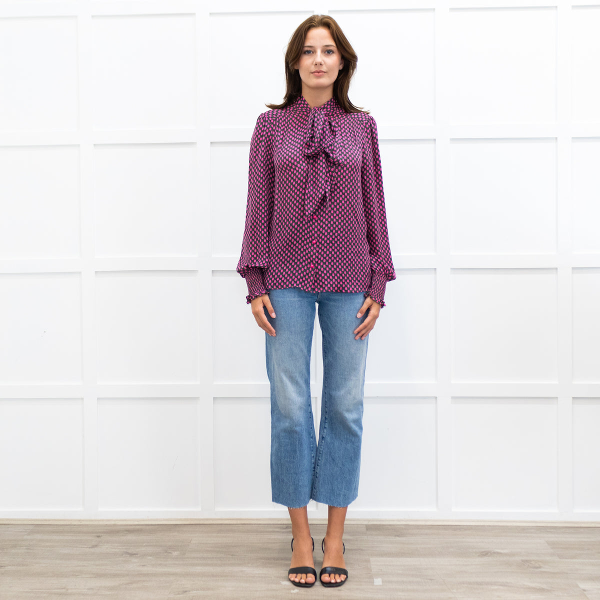 Me+Em Khaki And Pink Spot Silk Tie Neck Blouse