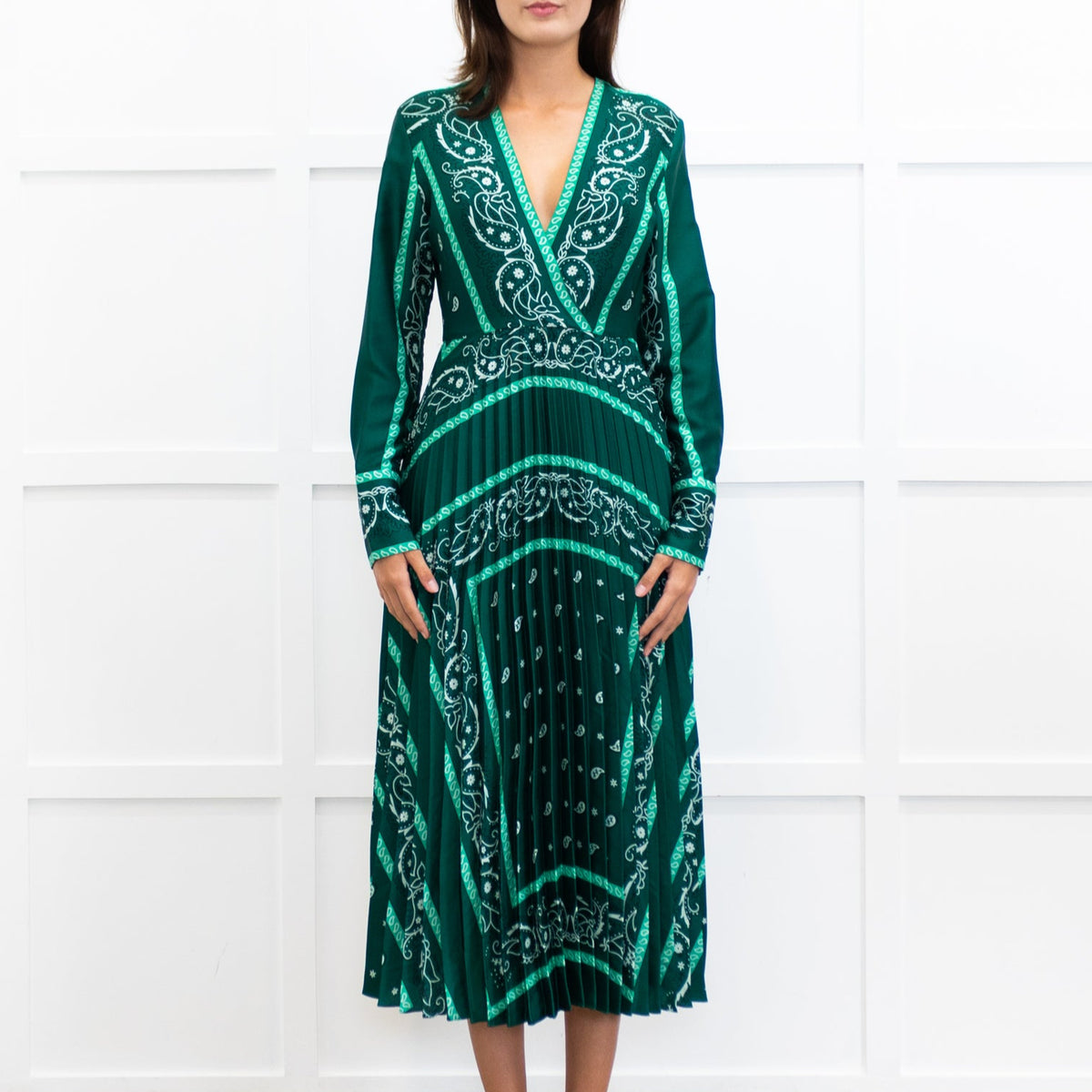 Sandro Green White Pleated Bottom Long Dress