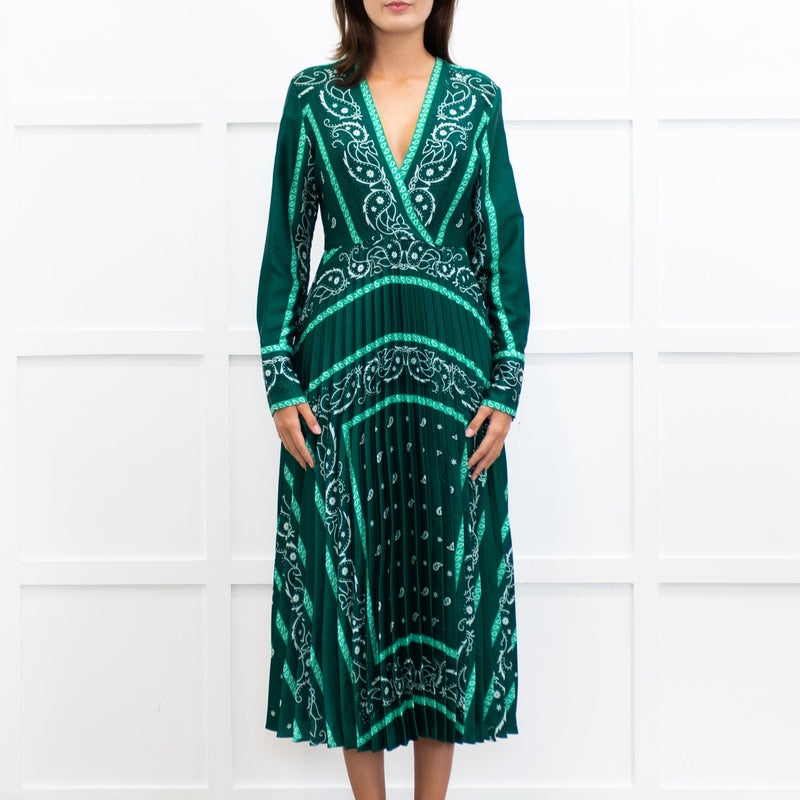 Sandro Green White Pleated Bottom Long Dress
