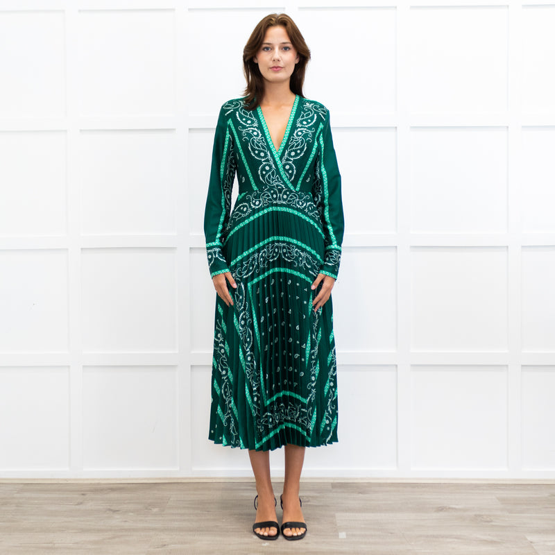 Sandro Green White Pleated Bottom Long Dress