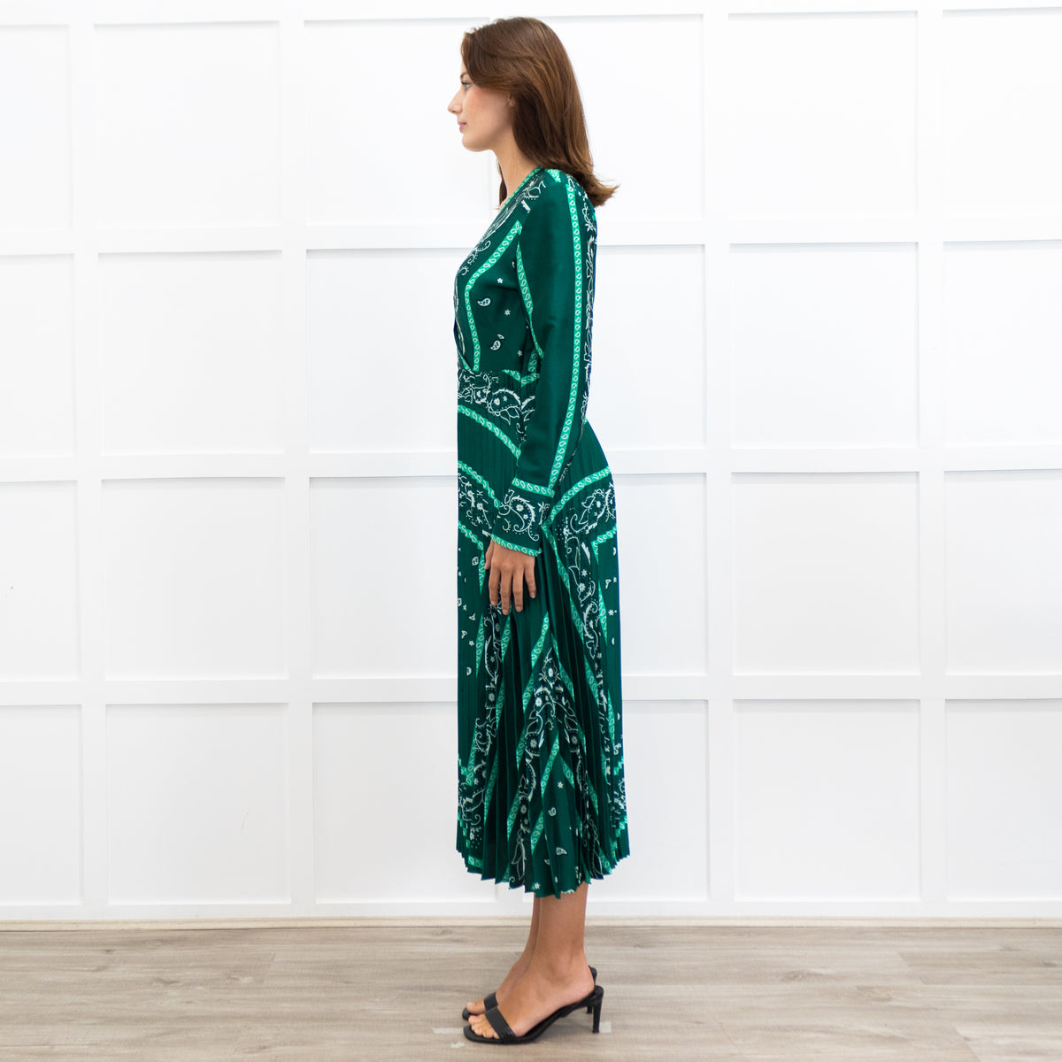 Sandro Green White Pleated Bottom Long Dress