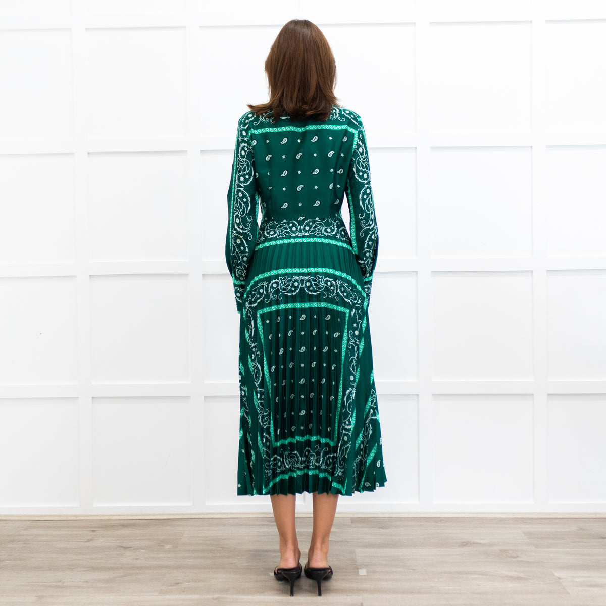 Sandro Green White Pleated Bottom Long Dress