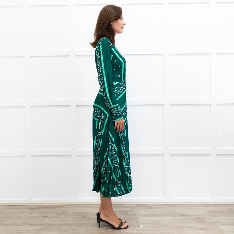 Sandro Green White Pleated Bottom Long Dress