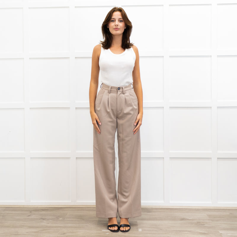 Anine Bing Taupe Brown Pleated Front Wide Leg Trousers