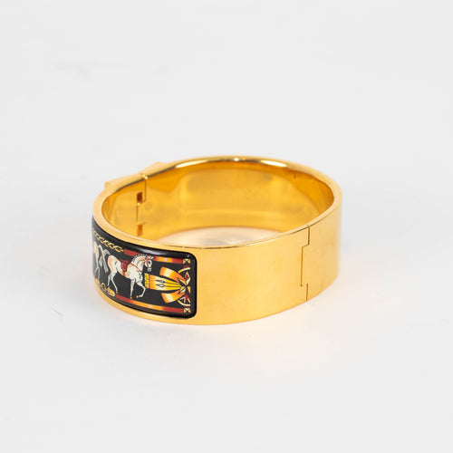 Hermes Champagne Gold Plated Equestrian Print Vintage Bangle