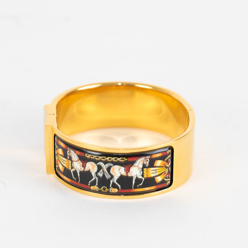 Hermes Champagne Gold Plated Equestrian Print Vintage Bangle