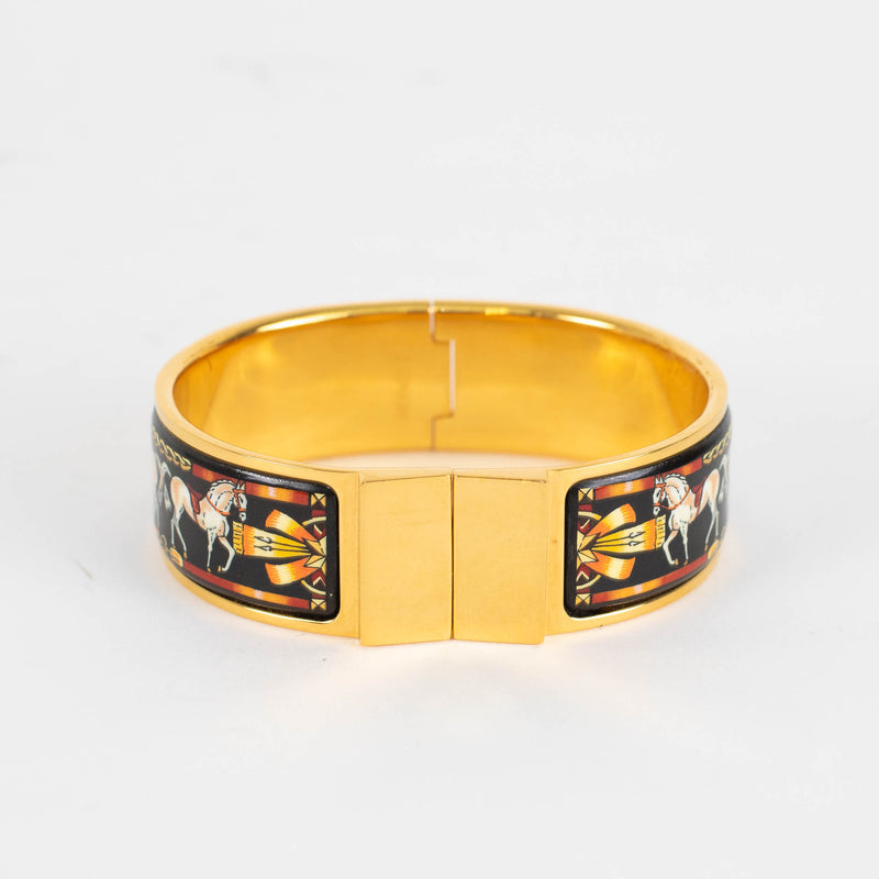Hermes Champagne Gold Plated Equestrian Print Vintage Bangle