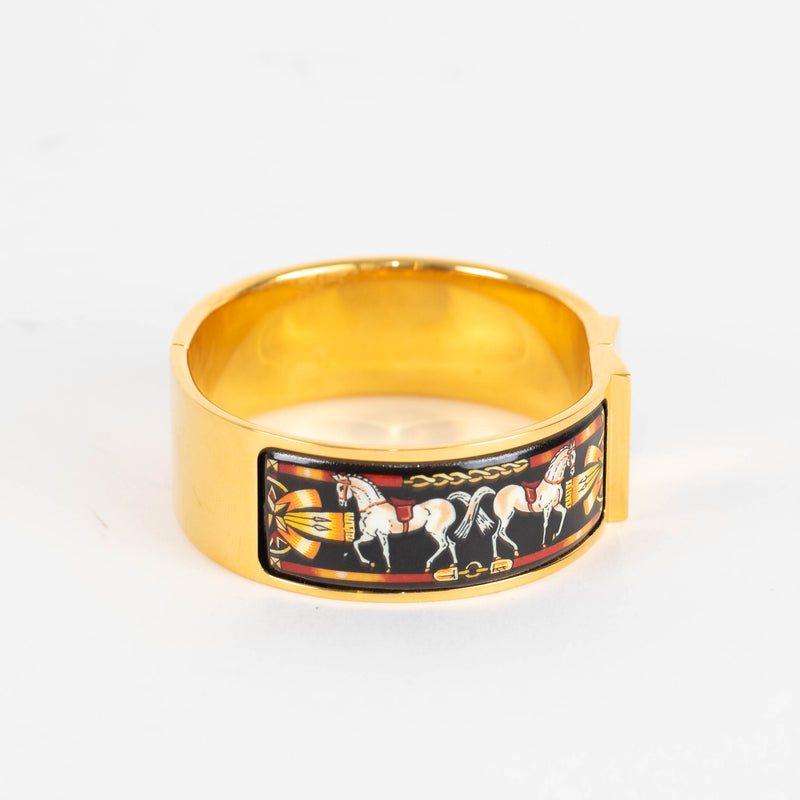 Hermes Champagne Gold Plated Equestrian Print Vintage Bangle