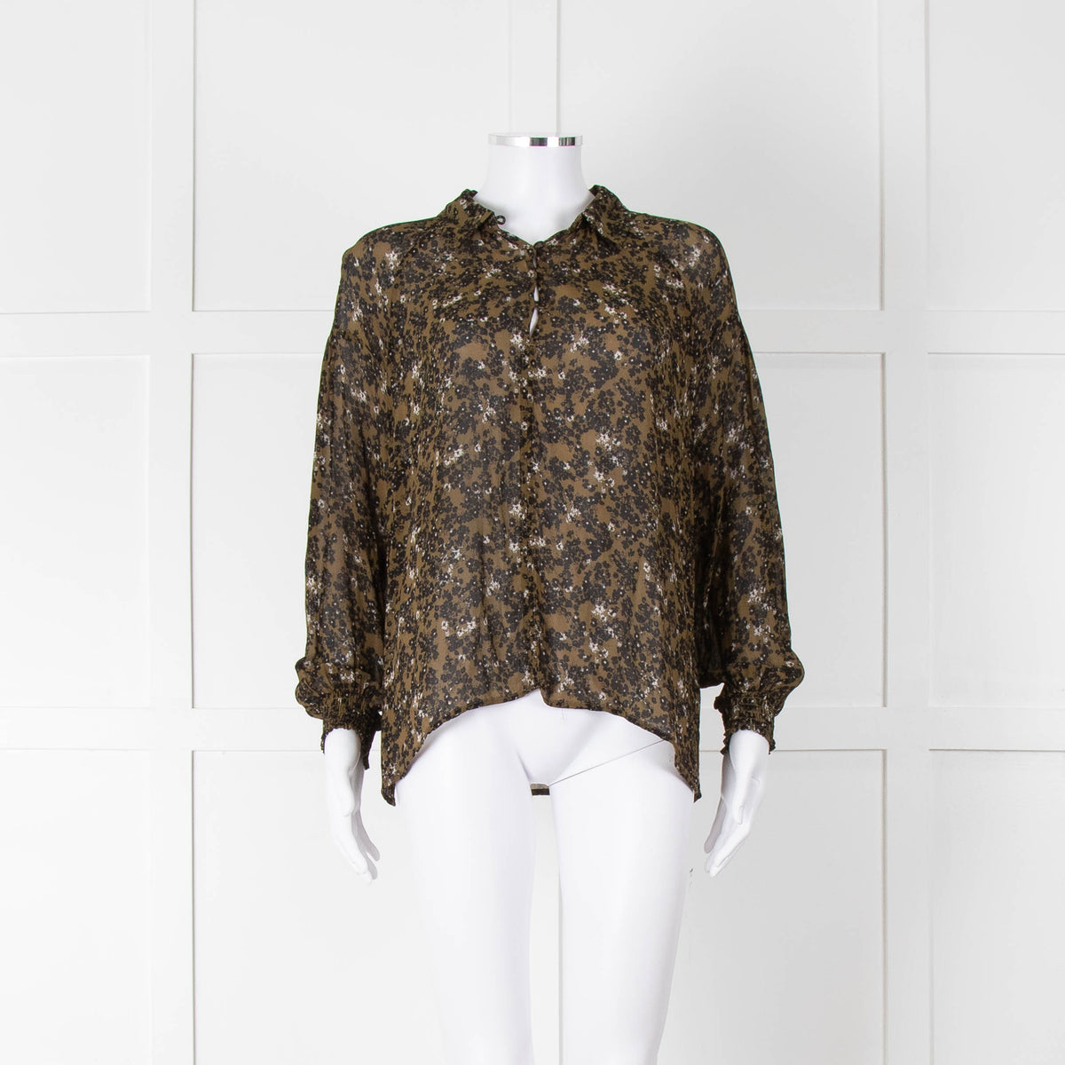 Second Female Khaki Black Floral Sheer Long Sleeve Top