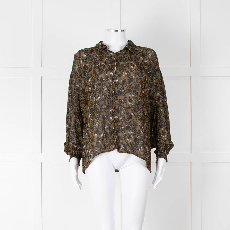Second Female Khaki Black Floral Sheer Long Sleeve Top
