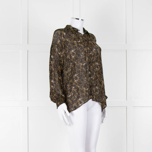 Second Female Khaki Black Floral Sheer Long Sleeve Top