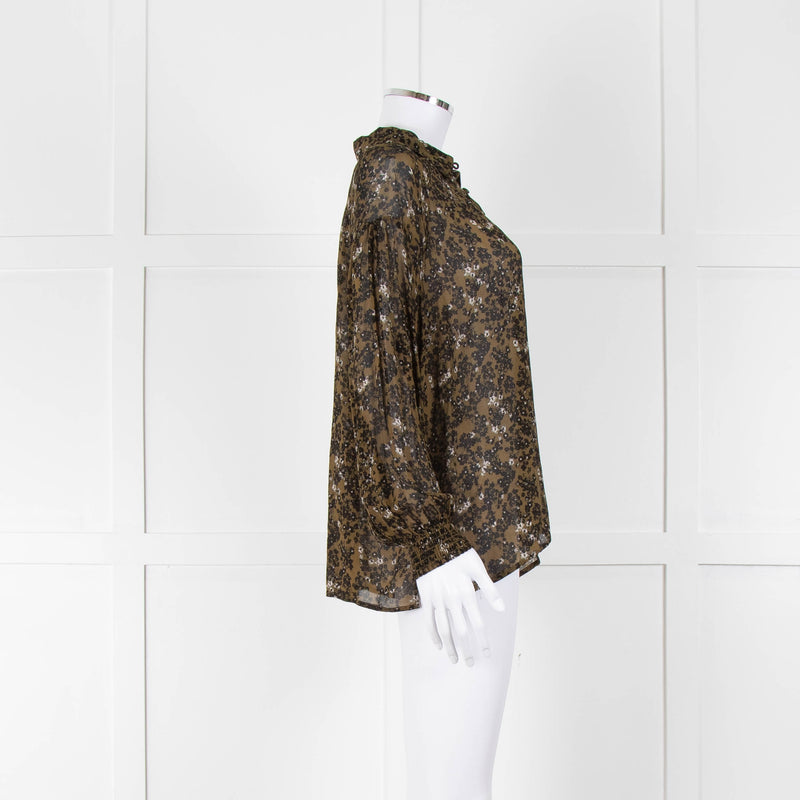 Second Female Khaki Black Floral Sheer Long Sleeve Top