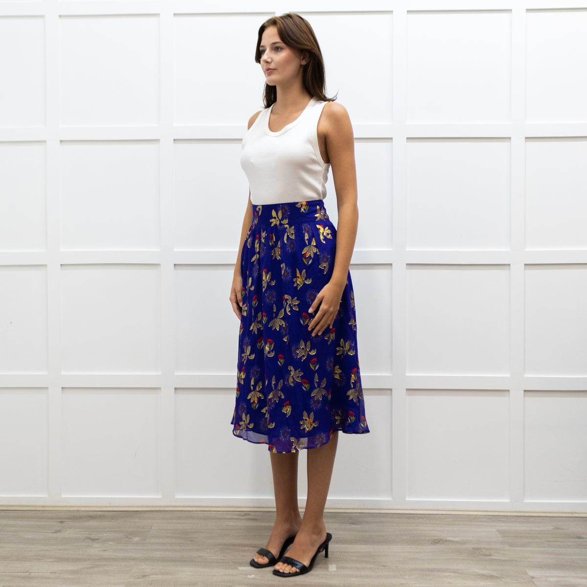 Sezane Purple Gold Leaf Midi Skirt