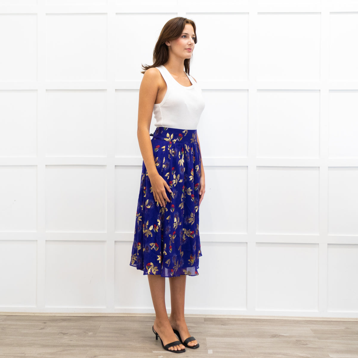 Sezane Purple Gold Leaf Midi Skirt