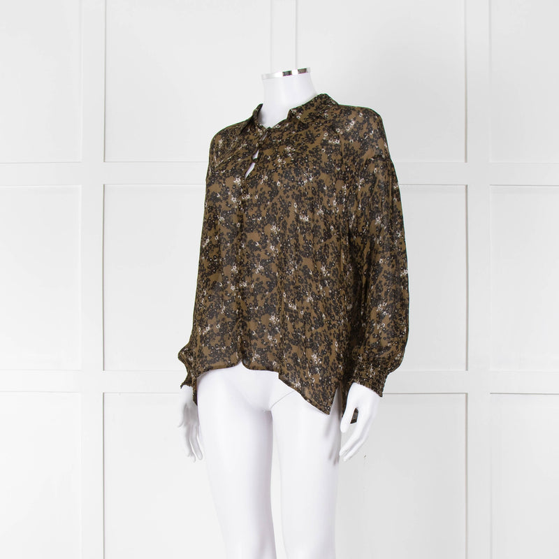 Second Female Khaki Black Floral Sheer Long Sleeve Top