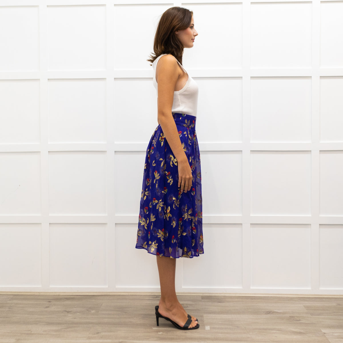 Sezane Purple Gold Leaf Midi Skirt