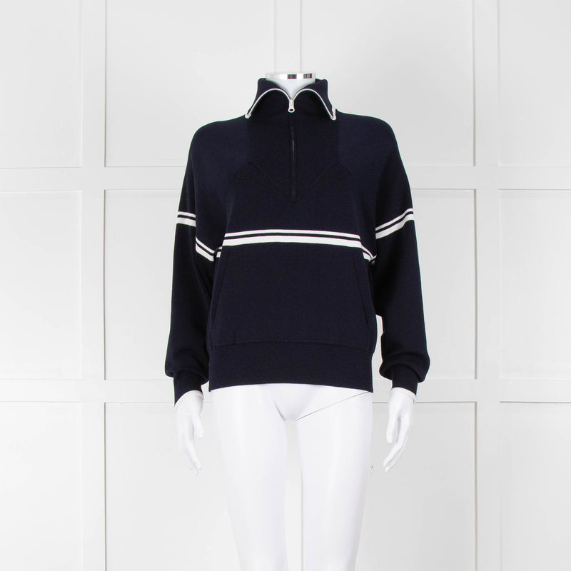 Ba&sh Navy Blue White Stripe Zip Up Sweater