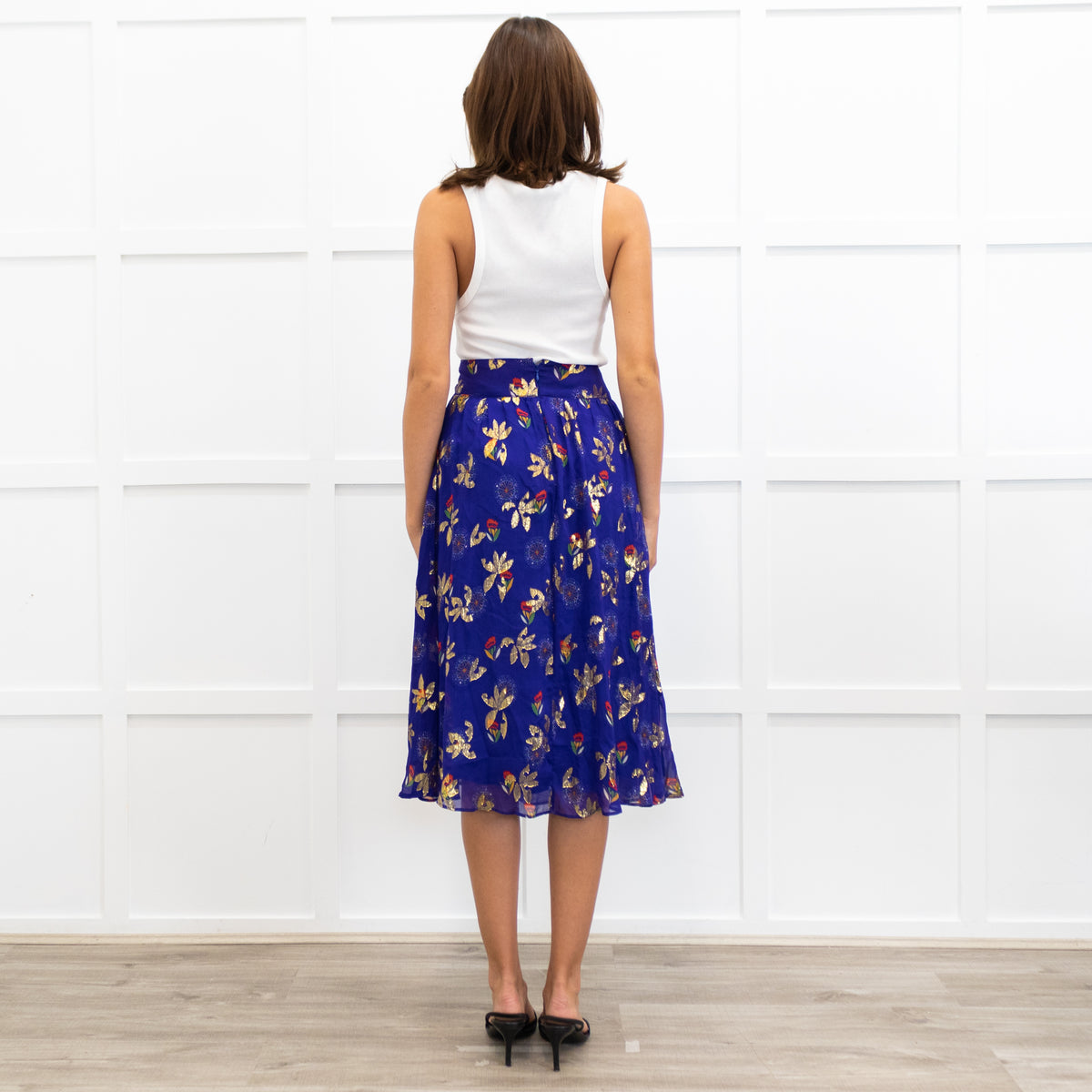 Sezane Purple Gold Leaf Midi Skirt