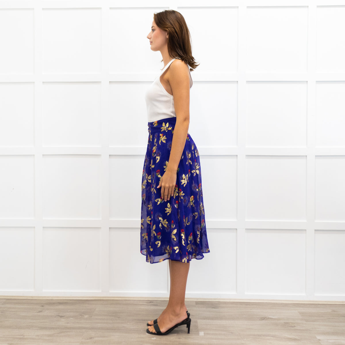 Sezane Purple Gold Leaf Midi Skirt