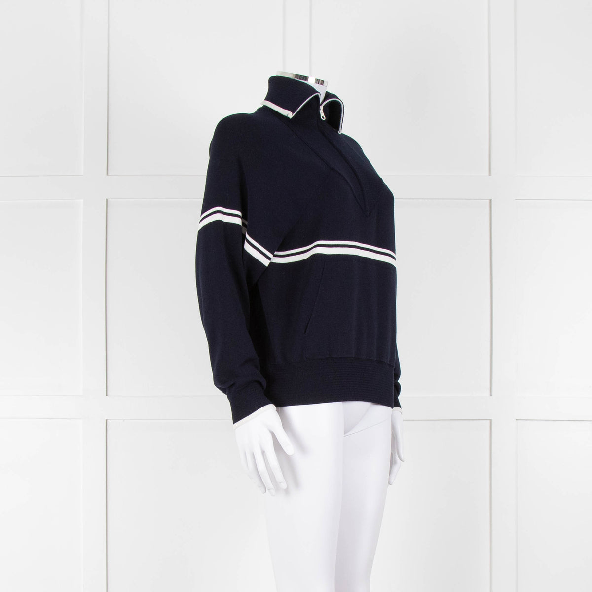 Ba&sh Navy Blue White Stripe Zip Up Sweater