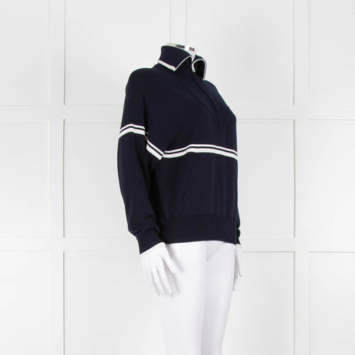 Ba&sh Navy Blue White Stripe Zip Up Sweater