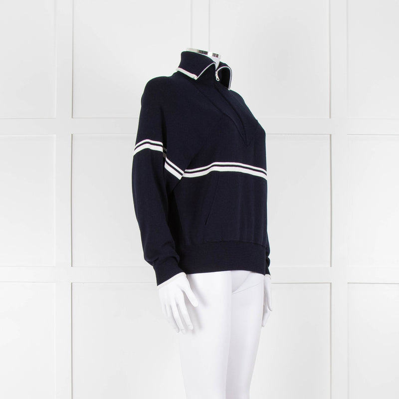 Ba&sh Navy Blue White Stripe Zip Up Sweater