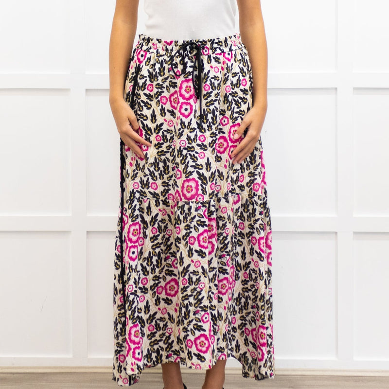 Me + Em White Floral Drawstring Waist Gypsy Skirt