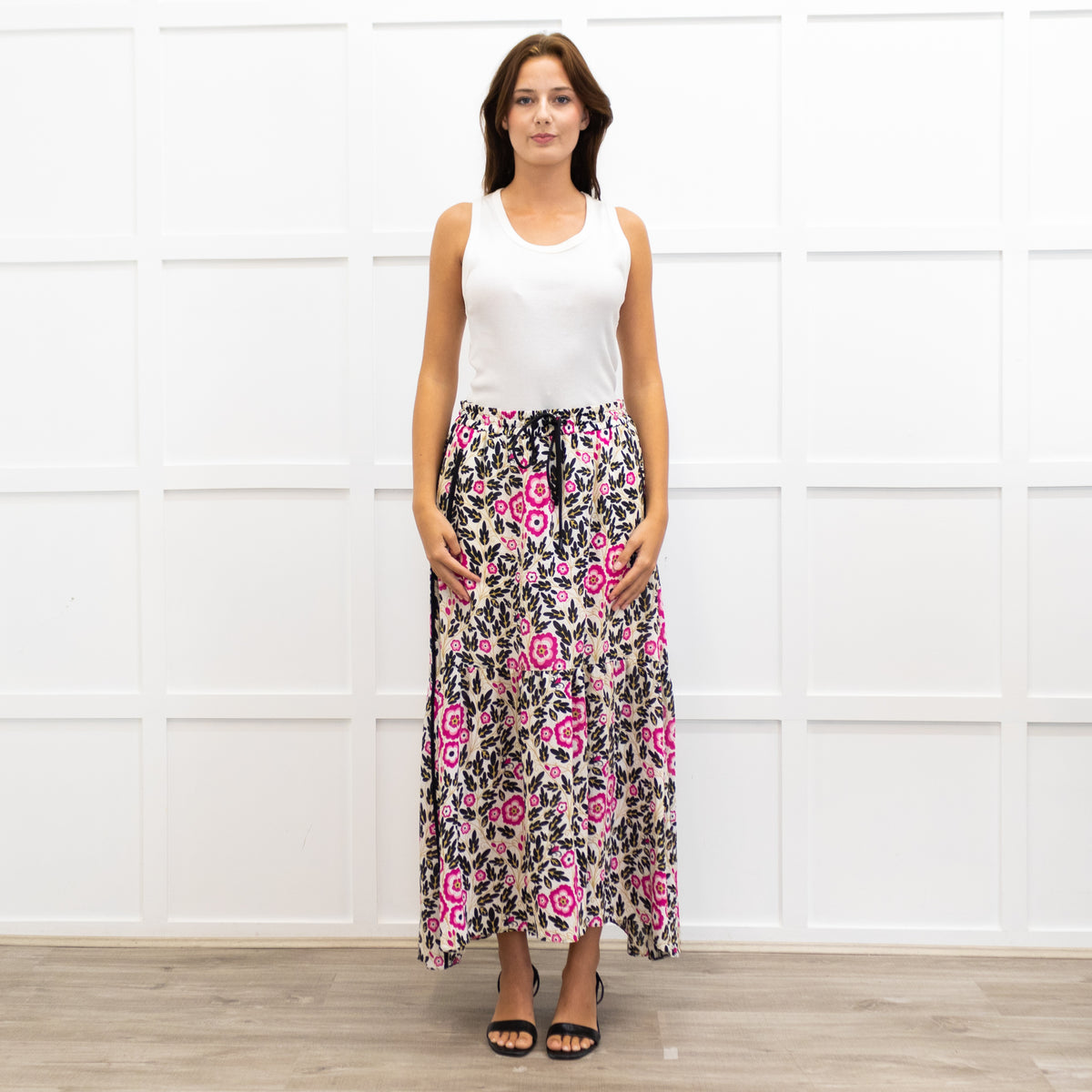 Me + Em White Floral Drawstring Waist Gypsy Skirt