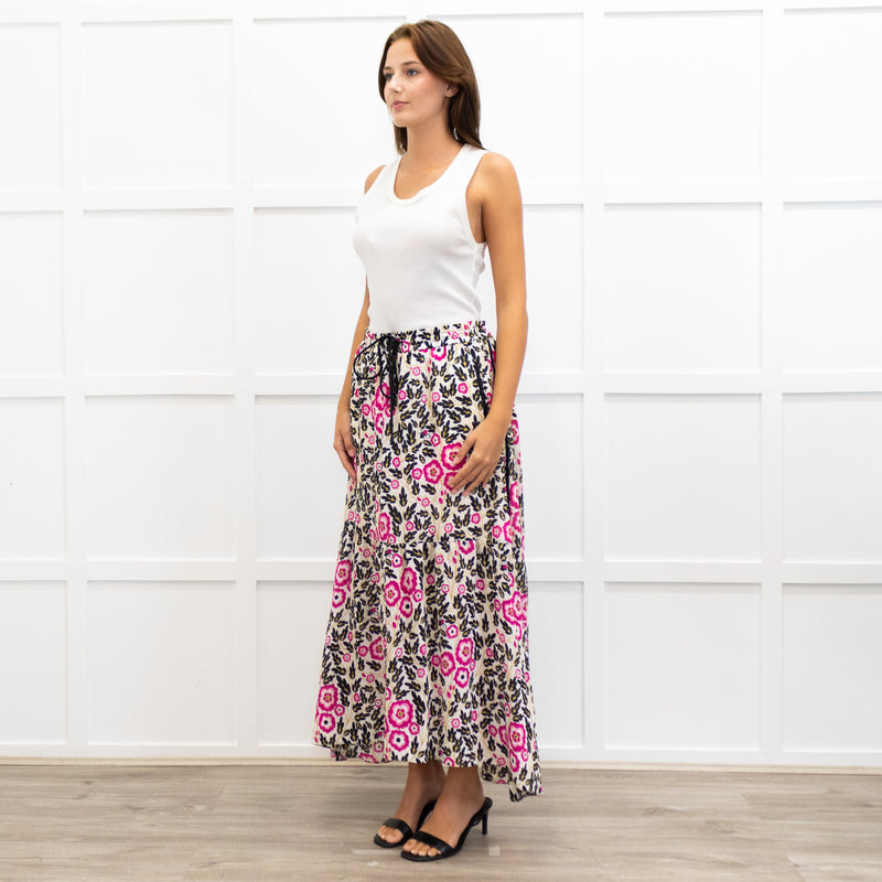 Me + Em White Floral Drawstring Waist Gypsy Skirt