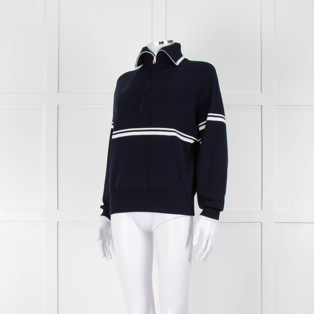 Ba&sh Navy Blue White Stripe Zip Up Sweater