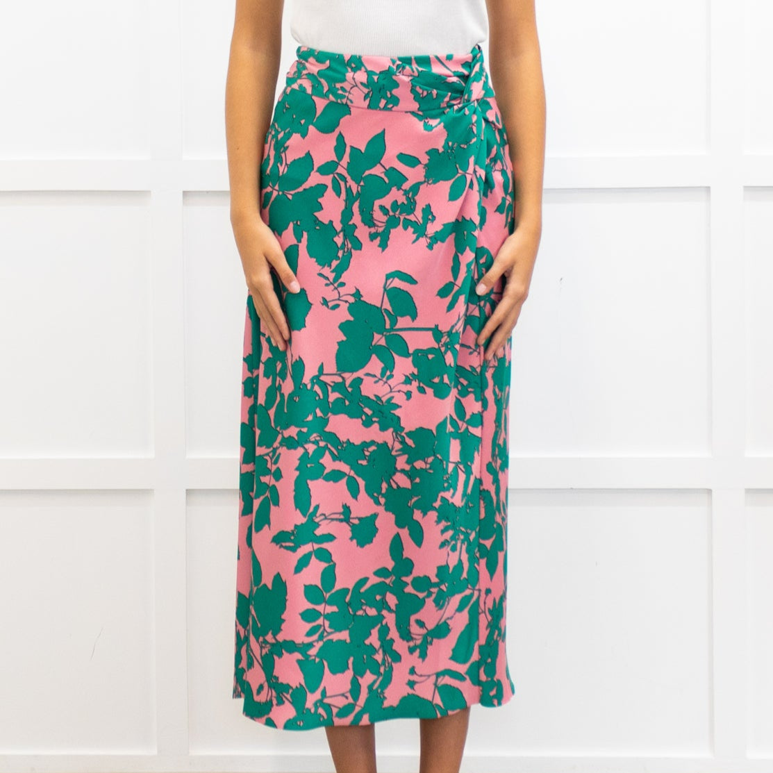 Me + Em Pink and Green Floral Print Twist Waist Skirt