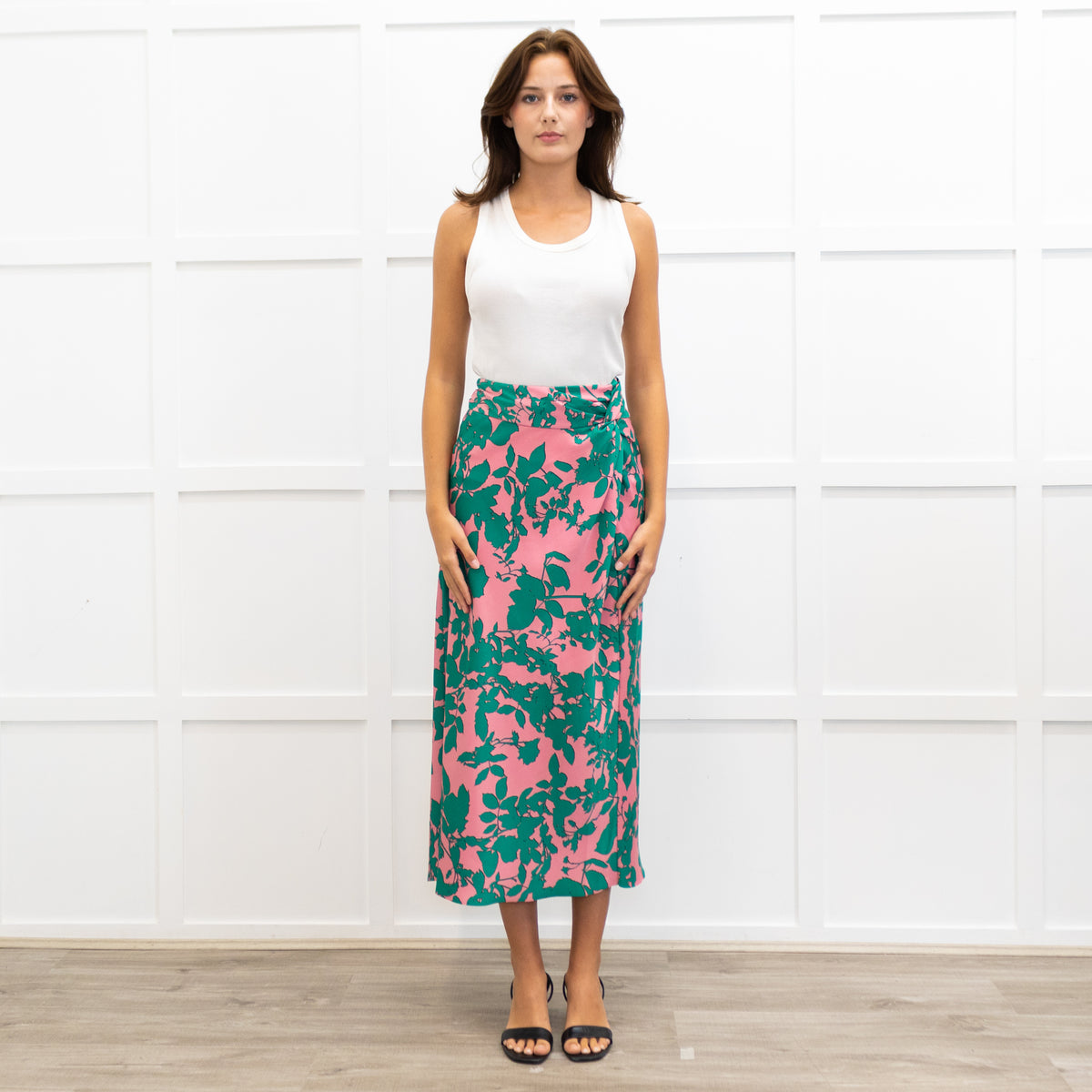 Me + Em Pink and Green Floral Print Twist Waist Skirt