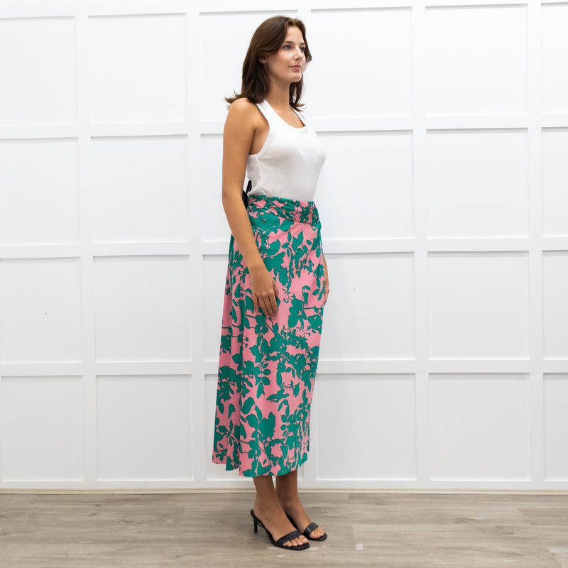 Me + Em Pink and Green Floral Print Twist Waist Skirt