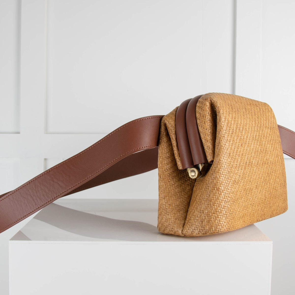 Osoi Tan Woven Cross Body Bag with Brown Leather Strap