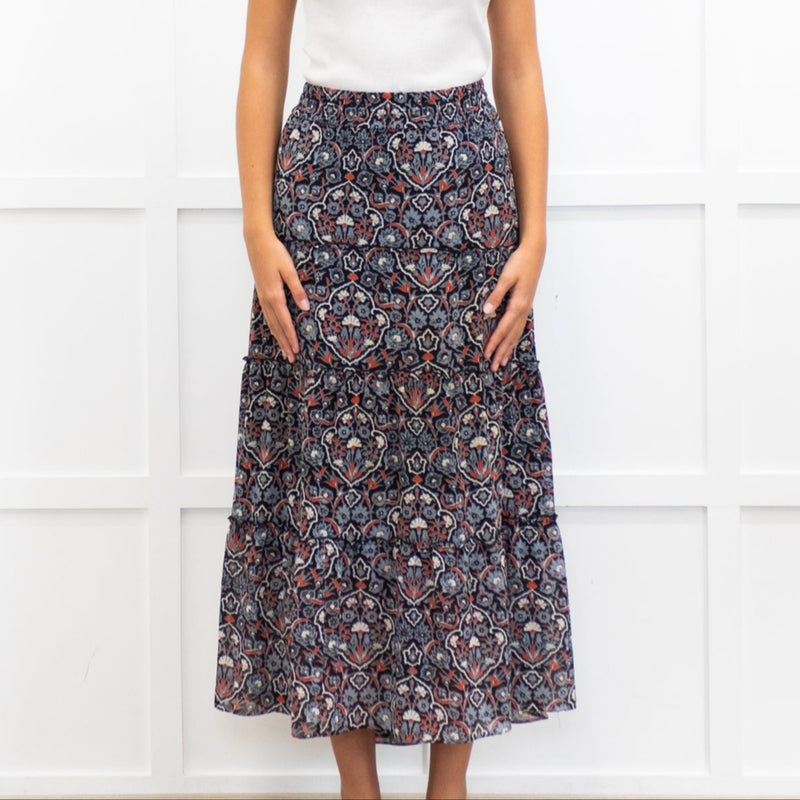 Me + Em Grey and Red Printed Tiered Crepe Maxi Skirt