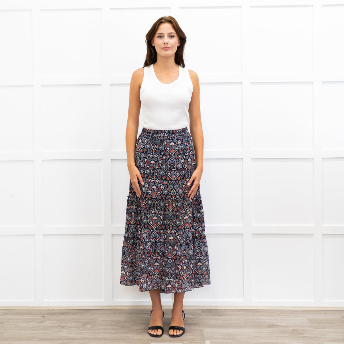 Me + Em Grey and Red Printed Tiered Crepe Maxi Skirt