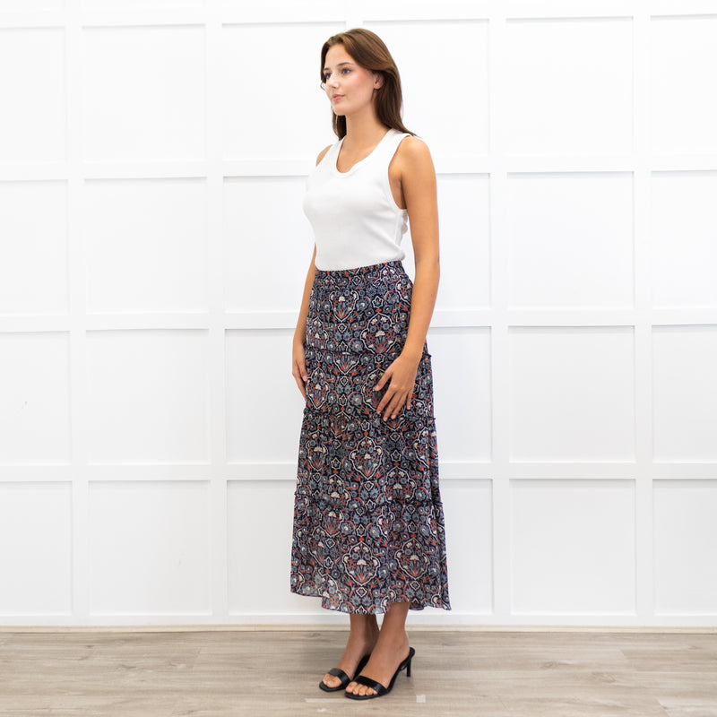 Me + Em Grey and Red Printed Tiered Crepe Maxi Skirt