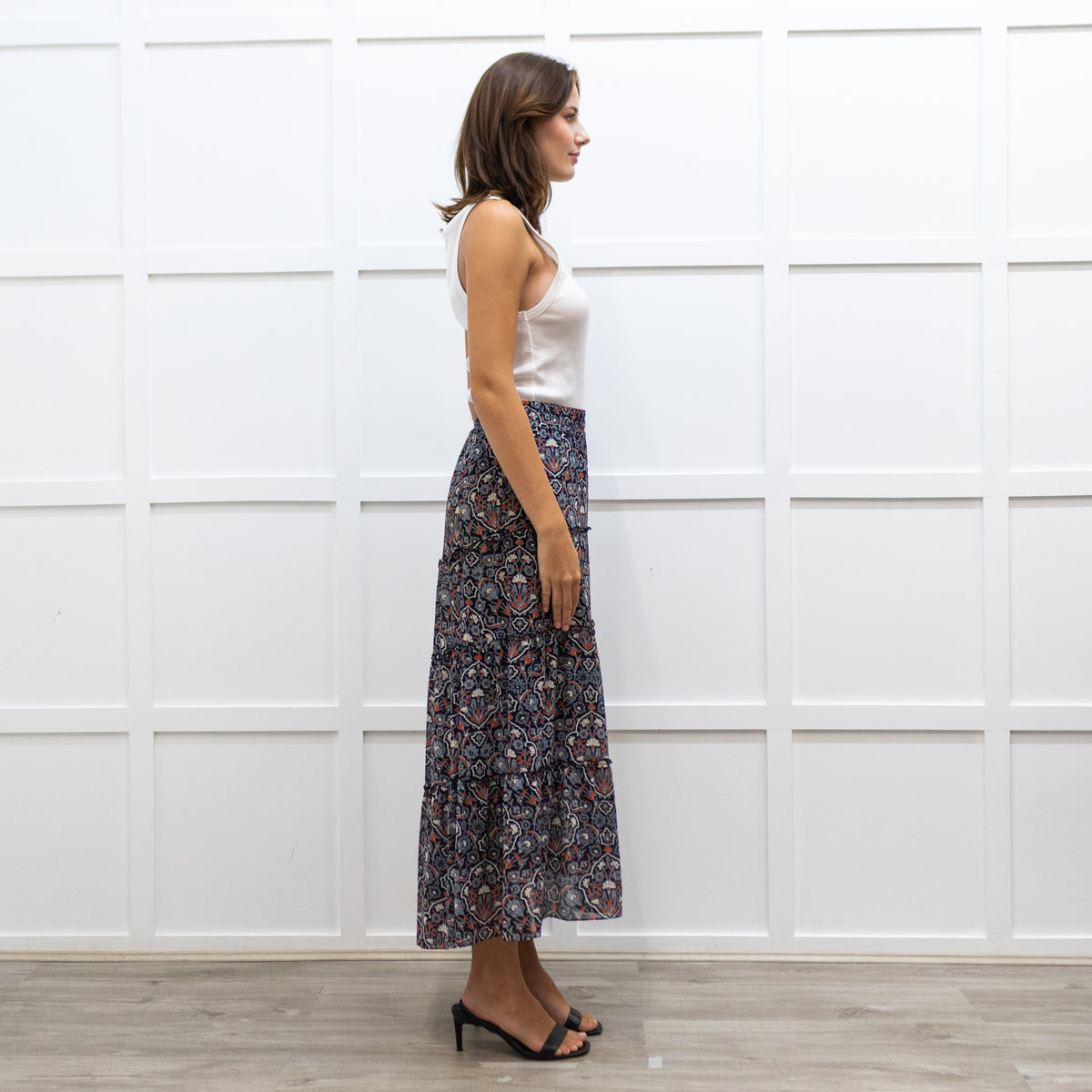 Me + Em Grey and Red Printed Tiered Crepe Maxi Skirt