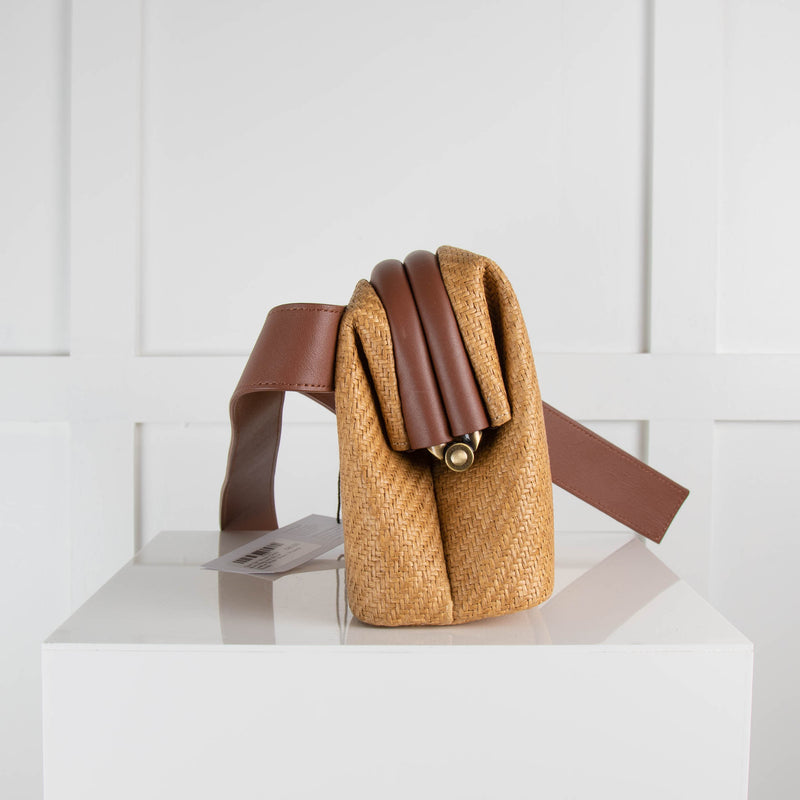 Osoi Tan Woven Cross Body Bag with Brown Leather Strap
