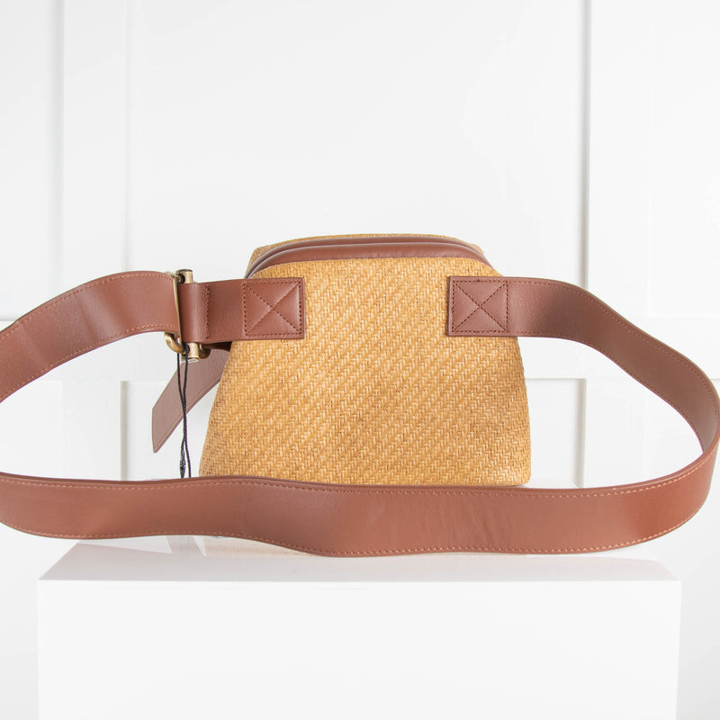 Osoi Tan Woven Cross Body Bag with Brown Leather Strap