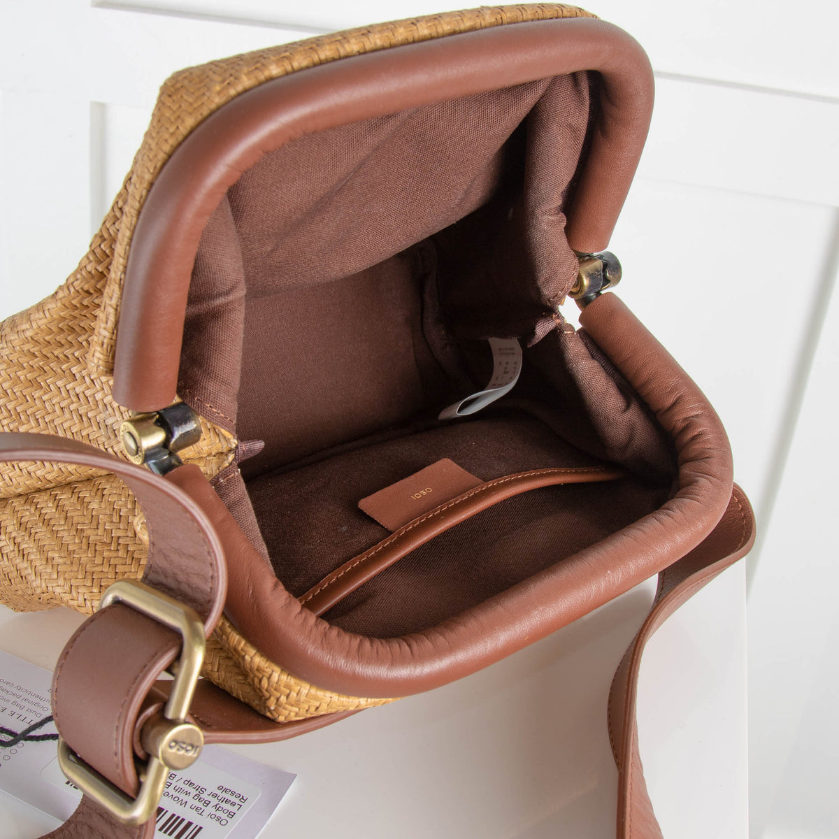 Osoi Tan Woven Cross Body Bag with Brown Leather Strap