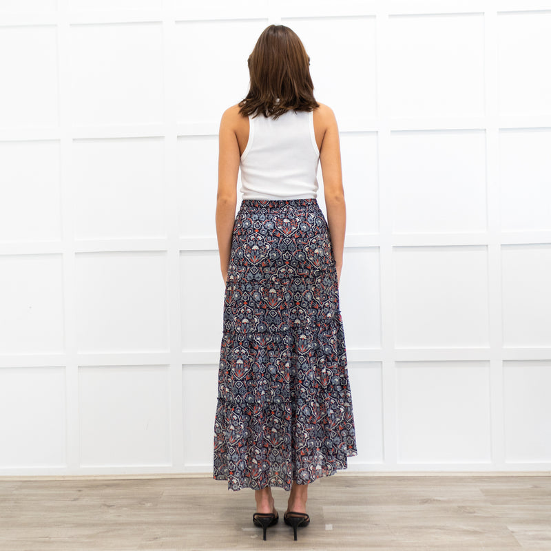 Me + Em Grey and Red Printed Tiered Crepe Maxi Skirt