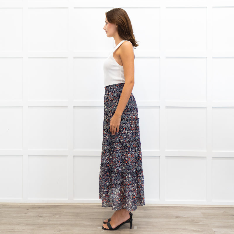 Me + Em Grey and Red Printed Tiered Crepe Maxi Skirt