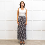 Me + Em Black Crepe Floral Pleated Maxi Skirt