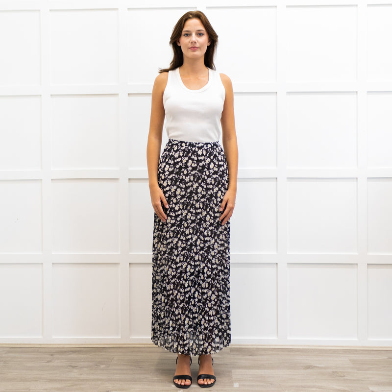 Me + Em Black Crepe Floral Pleated Maxi Skirt