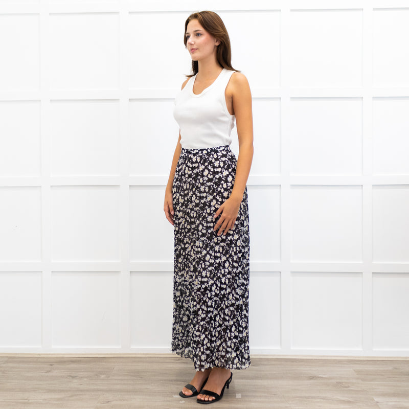 Me + Em Black Crepe Floral Pleated Maxi Skirt