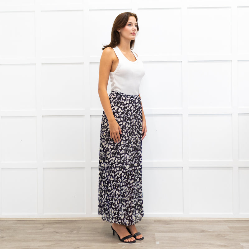 Me + Em Black Crepe Floral Pleated Maxi Skirt