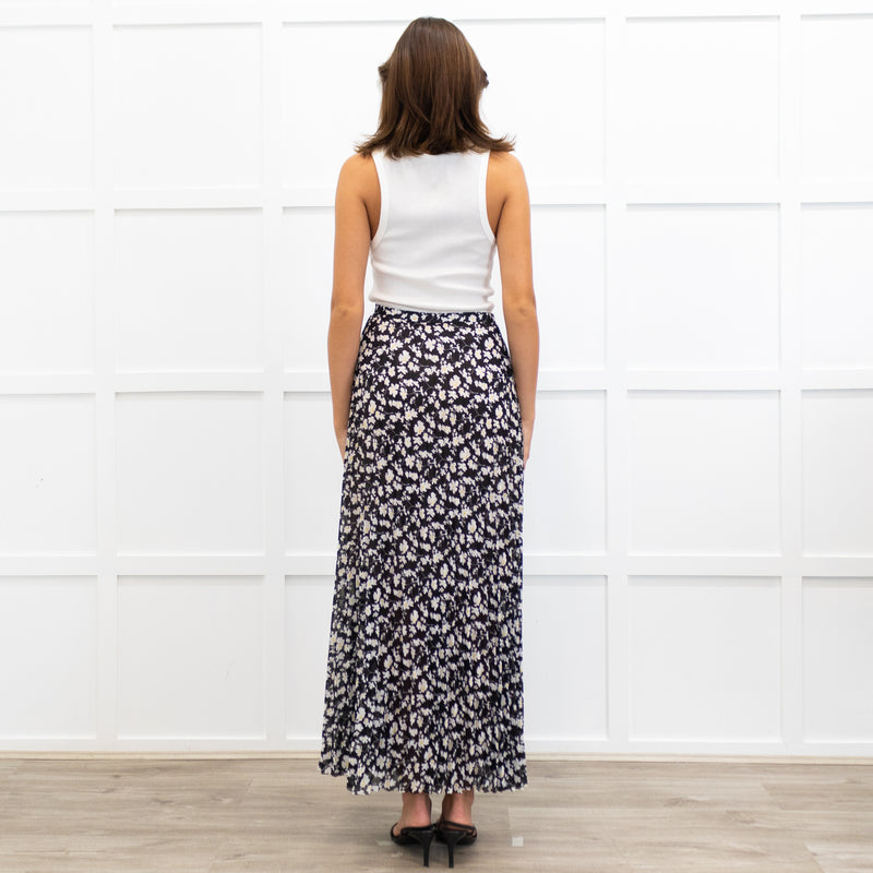 Me + Em Black Crepe Floral Pleated Maxi Skirt