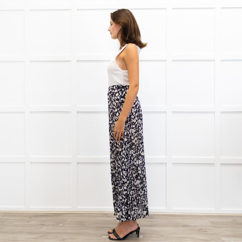 Me + Em Black Crepe Floral Pleated Maxi Skirt