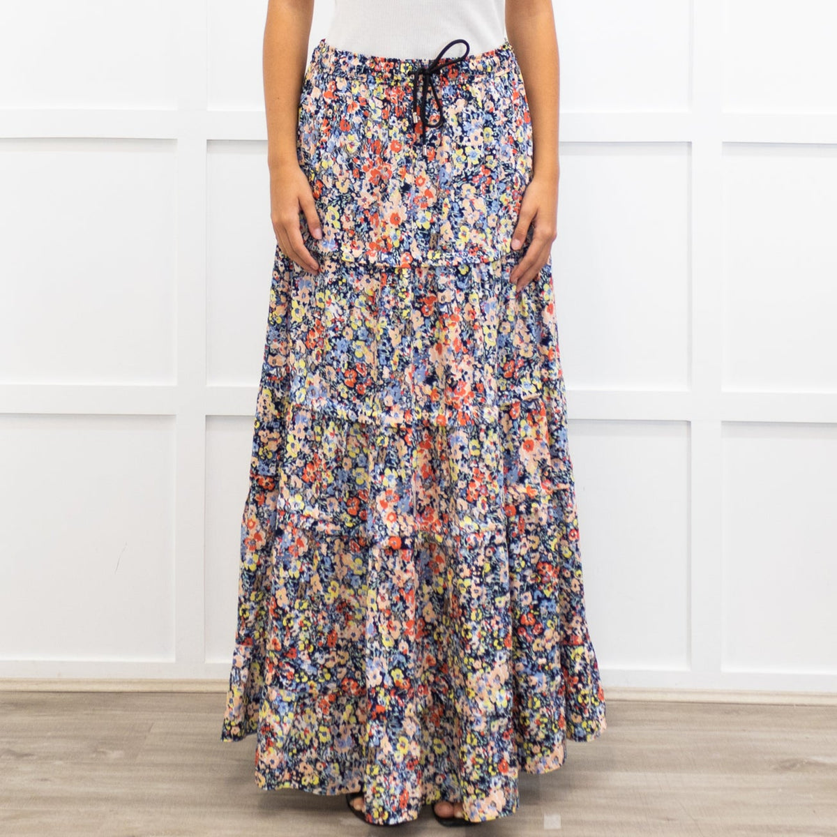 Me + Em Blue Red Handpainted Floral Maxi Skirt
